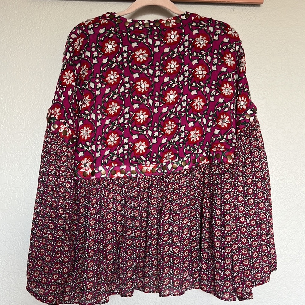 Free People Malia Embellished Printed Baby Doll Jacket Top Dark Red Medium - Picture 7 of 15